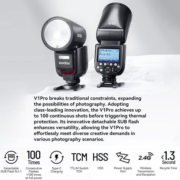 NEW Godox V1S Flash Round Head 2.4G TTL Camera Flash - Picture 5 of 10